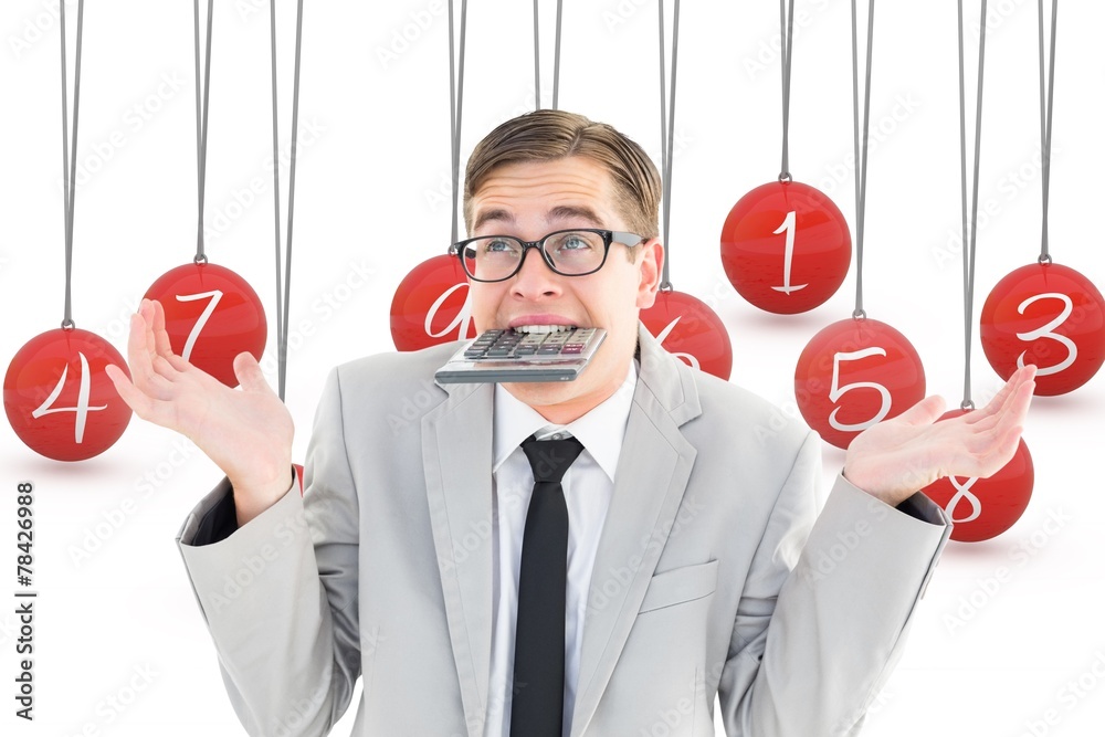 Poster Composite image of geeky shrugging businessman biting calculator