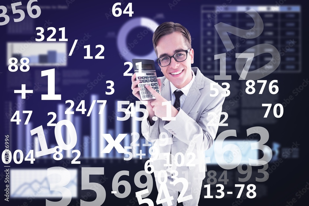 Poster Composite image of geeky smiling businessman showing calculator