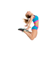 Obraz na płótnie Canvas Image of happy female athlete jumps high