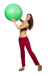 Woman exercising with ball isolated on white