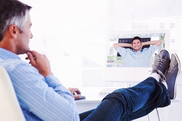 Naklejka na ściany i meble Composite image of cheerful creative business employee resting