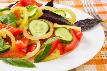 salad on ceramic plate on the tablecloth