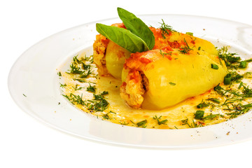 yellow paprika staffed with meat and rise filling