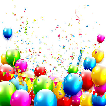 Colorful balloons and confetti  on white background
