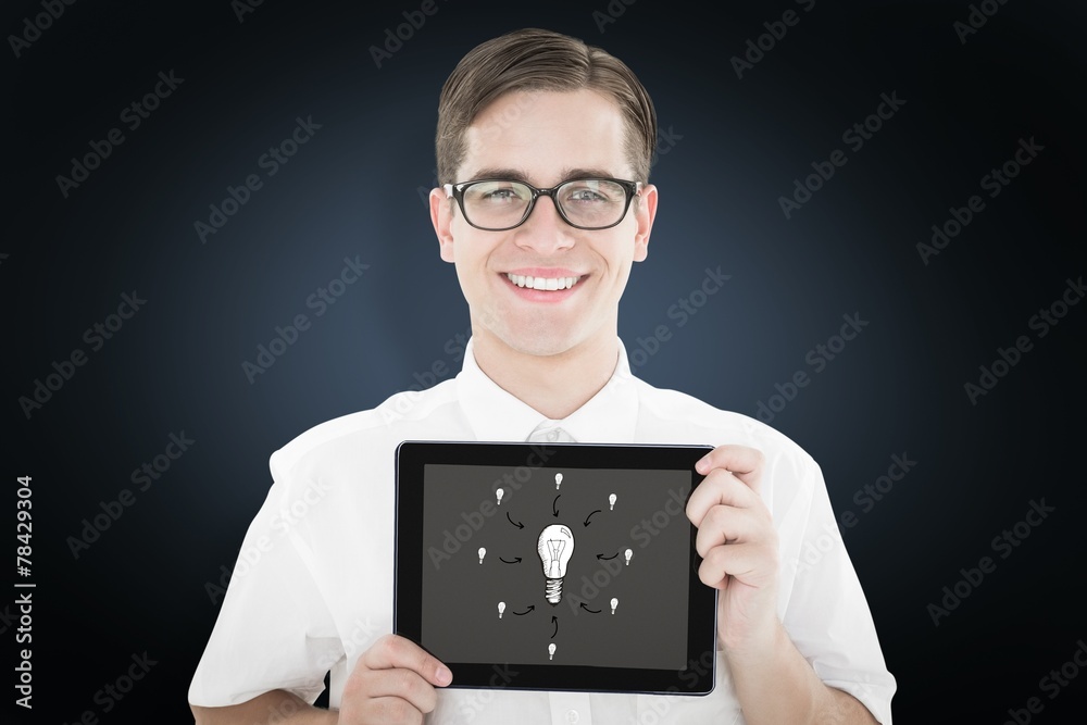 Poster composite image of geeky businessman showing his tablet pc