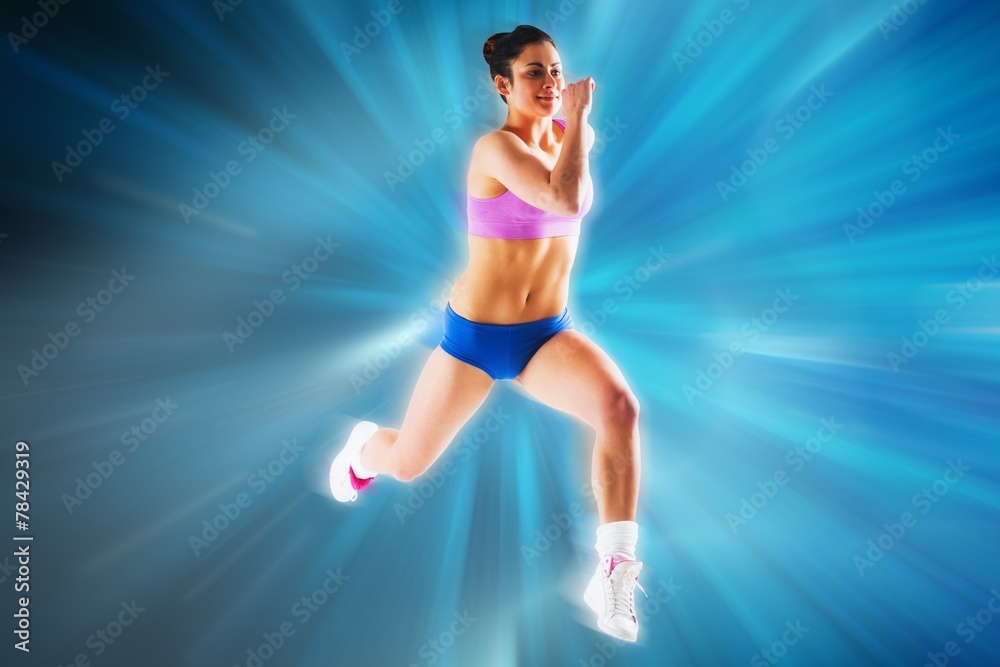 Poster Composite image of fit brunette running and jumping