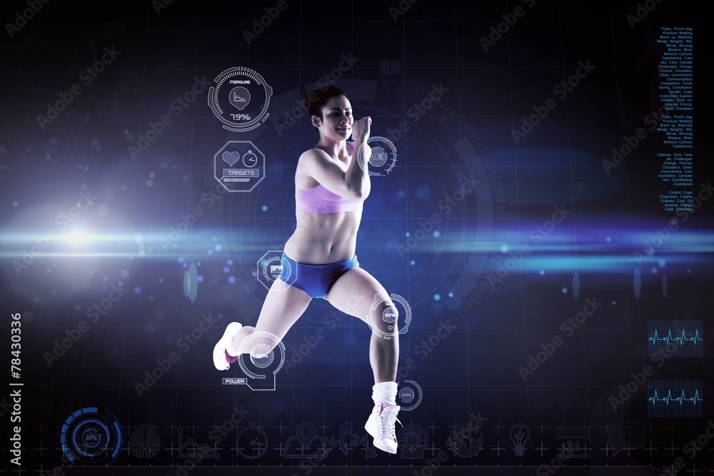 Aufkleber composite image of fit brunette running and jumping