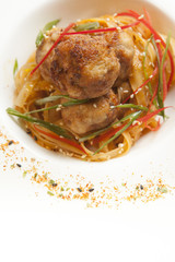 fried meatballs with noodles