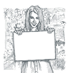 Sketch Happy Woman Holding Blank White Card Against Love Story B