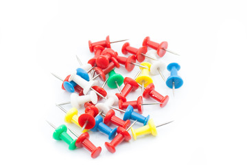 Set of push pins in different colors. Thumbtacks.