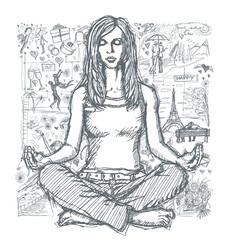 Sketch Woman Meditation In Lotus Pose Against Love Story Backgro
