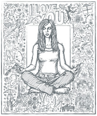 Sketch Woman Meditation In Lotus Pose Against Love Story Backgro