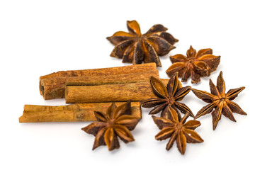 Star anise and cinnamon isolated on white background