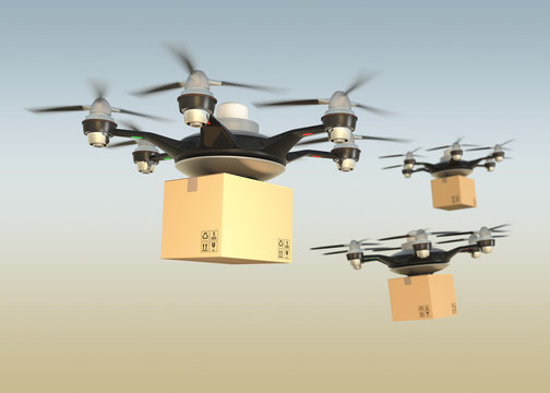 Air drones carrying cardboard boxes for fast delivery concept