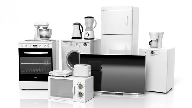Group of home appliances isolated on white background.