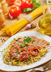 Food cooking, Pasta with sauce and parmesan cheese