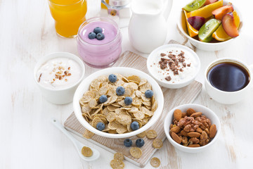 crunchy flakes with blueberries and various yogurts
