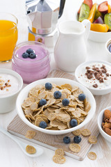 crunchy flakes with blueberries and various yogurts