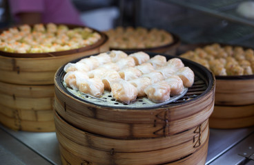 chinese steamed dimsum in bamboo containers