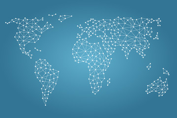 Social media network. World map with nodes linked by lines.