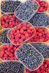 raspberries and blueberries, market in Nyons, Rhone-Alpes, Franc