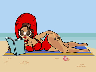Funny cute cartoon pin-up girl on the beach.Vector illustration