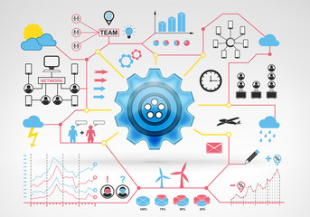 cogwheel teamwork cooperation with blue red infographic icons