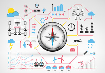 compass navigation with blue red infographic icons