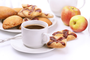 Still life with coffee, cookies and apples