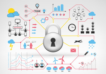 padlock safety protection with blue red infographic icons