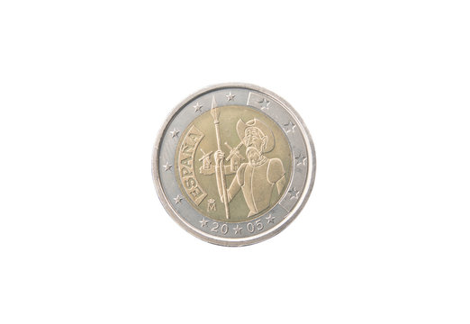 Commemorative 2 euro coin of Spain minted in 2005 over white