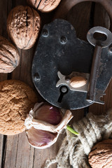 Food background, rural market walnuts.