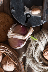 Food background, rural market walnuts.