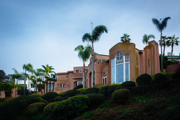 Fototapeta na wymiar House and palm trees on a cliff in La Jolla, California.