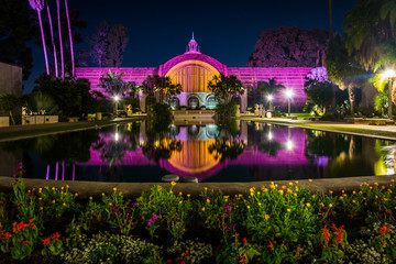 The Botanical Building and Lily Pond at night, in Balboa Park, S