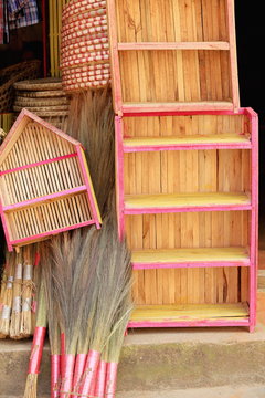Wooden cupboards-wicker trays-brooms. Dhulikhel-Nepal. 1055