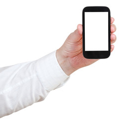 businessman holding touchscreen phone