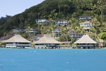 Fototapeta premium Hill slope by the sea and lodges on a slope. Polynesia...