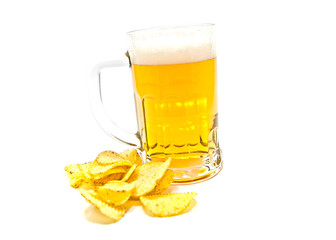 glass of beer and ruffles chips