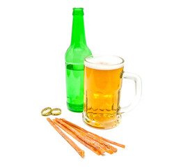 fish snack and glass of light beer