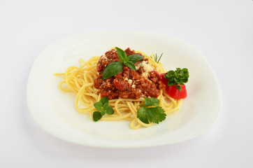 Spaghetti Bolognese on white plate