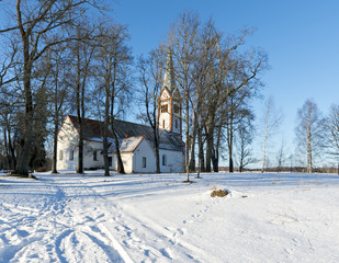 Krimulda Evangelic Lutheran Church by winter, Latvia