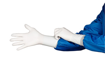 Hands and arms with latex gloves and clean room garment