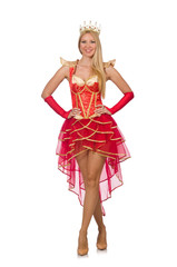 Queen in red dress isolated on white