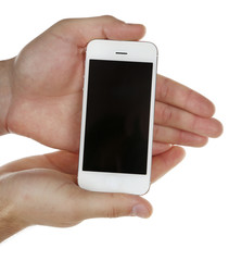 Hands holding mobile smart phone isolated on white