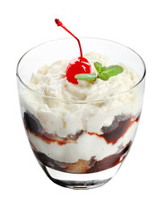 Tasty tiramisu dessert in glass, isolated on white