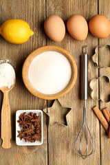 Food ingredients and kitchen utensils for cooking