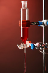 Fixed laboratory flask on support on dark colorful background