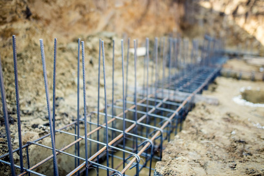 Foundation site of building, reinforcement steel bars and wire