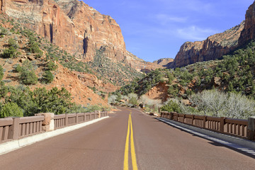 Road through mountains in Zion National Park, Utah